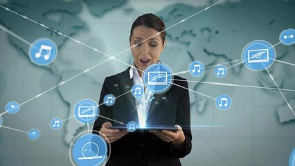 Poster - Animation of network of connections with icons over caucasian casual businesswoman using tablet