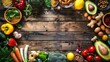 A rustic wooden background laden with a selection of healthy foods, presenting an inviting and wholesome tableau that encourages nutritious eating and lifestyle choices.