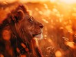 Close-up of a serene lion bathed in the golden light of sunset with a soft, bokeh background.