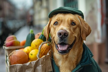 Wall Mural - A dog is standing in front of a pile of fruits and vegetables