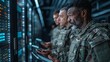 Side view of mature African American soldiers using digital tablet while standing in server room