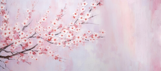 Wall Mural - Cherry Tree Branch in Bloom Painting Brush Strokes on Canvas Texture with Copy Space