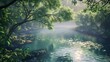 Beautiful summer landscape with a river and trees in the morning mist