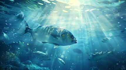 Wall Mural - Underwater scene with fish and rays of light. 3d rendering