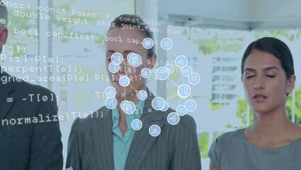 Poster - Animation of data processing and icons over diverse business people with eyes closed in office