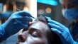 Close-up shot of hands performing hair regrowth treatment on males head, To convey the precision and expertise involved in hair regrowth or hair