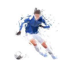 Wall Mural - Female football player running with ball, soccer, low poly isolated vector illustration, geometric drawing from triangles