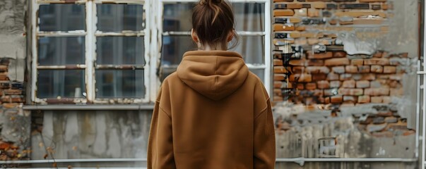 Wall Mural - Mockup of a woman in a brown hoodie from behind . Concept Fashion, Clothing, Brown Hoodie, Women's Style, Mockup