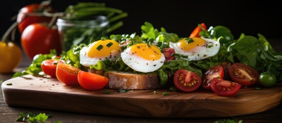 Wall Mural - A wooden cutting board showcasing a colorful array of food ingredients like eggs, tomatoes, lettuce, and other vegetables, perfect for a fresh and healthy recipe