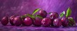 Succulent fresh plums gracefully arranged against a vivid purple background, highlighting their innate beauty.