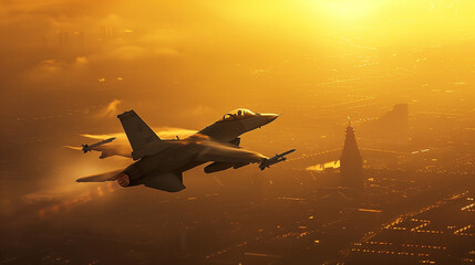 flying over the cities at sunset jet fighter with great speed. Patrol of military combat aviation