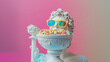 Escultura clásica griega con gafas de sol sostiene un bol de cereales azucarados coloridos y fruta sobre fondo rosa