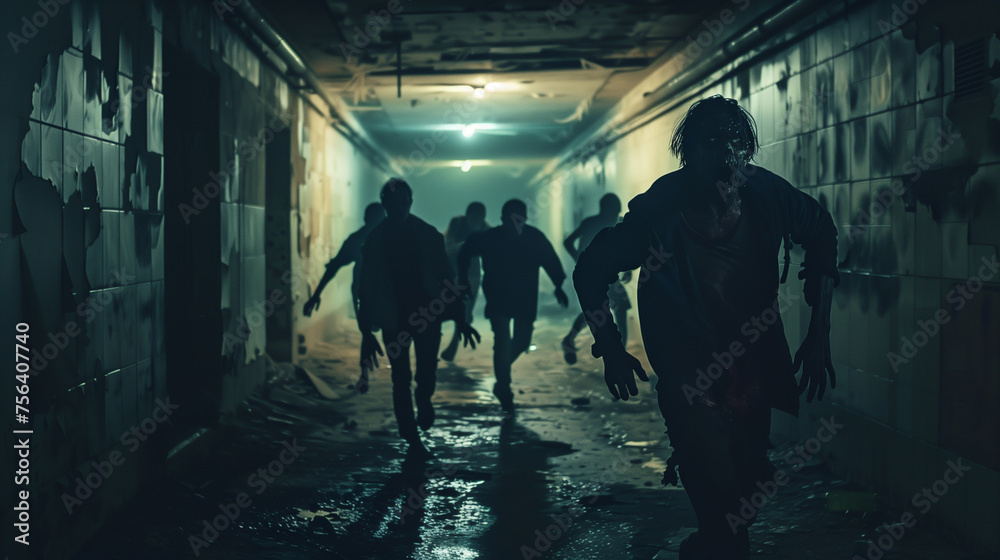 Zombies Running in Dark Hallway and Abandoned Basement in a Post ...