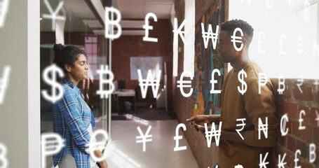 Poster - Animation of currency icons over diverse business people discussing work in office