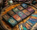 Fototapeta Kosmos - Gypsys Tarot cards spread with Zodiac signs Tarot spread a fateful encounter
