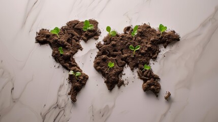 World map created out of a soil, with seedlings beginning to grow
