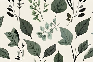 Green plant and leafs pattern. Pencil, hand drawn natural illustration. Simple organic plants design. Botany vintage graphic art. 4k wallpaper, background. Simple, minimal, clean design. Generative AI