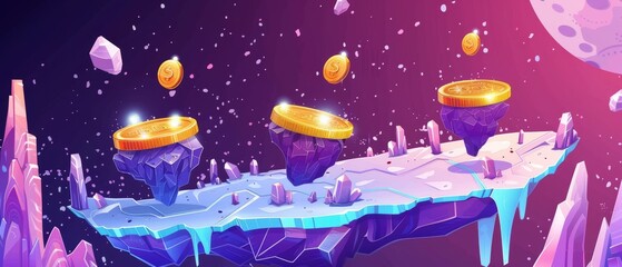 Wall Mural - Cartoon videogame map with treasure on flying platform from rocks and ice on background with floating islands in outer space.