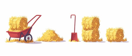 Wall Mural - A stack of dry straw bales in a cube block, in a roll, and in a wheelbarrow. Cartoon modern illustration set of yellow straw bales for farm animal feed. Ranch harvest of thatch pile. Agricultural