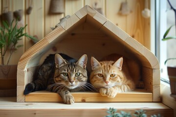 Wall Mural - A Cats are laying on a wooden structure
