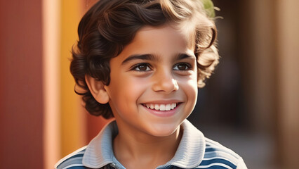 Cute happy hispanic child portrait. Little latin american kid boy smile on rustic sunny ethnic background in Natural Sunlight	