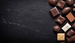 Chocolate background. Various assortment of chocolate with paste. On black rustic background