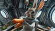 An overjoyed rabbit astronaut enjoys a snack of fresh carrots aboard a spacecraft, with the Earth visible through the porthole.