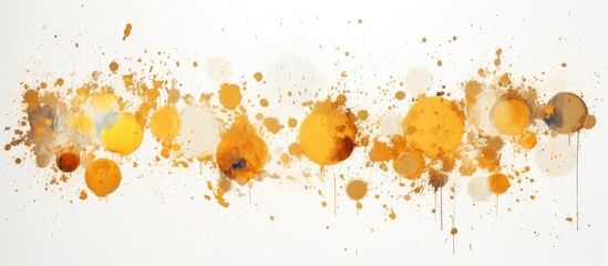 Poster - Amber liquid paint created a vibrant painting featuring a row of yellow and brown spots on a white background, resembling a beautiful fish in the water