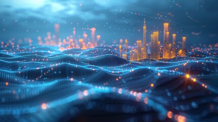 Aufkleber - Low poly wireframe of an abstract city on a dark background. Concept of a smart city and binary code. Particles are connected in a geometric silhouette.