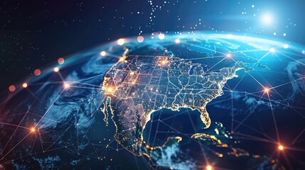 Fototapete - Concept of global network and connectivity on Earth, centered on USA. Data transfer and cyber technology, information exchange and international telecommunication.	