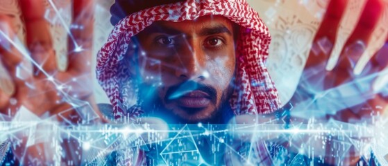 Poster - An Arab uses holograms as his user interface, with a futuristic graphic user interface and head-up display, also known as a head-up display or HUD. Internet of Things.