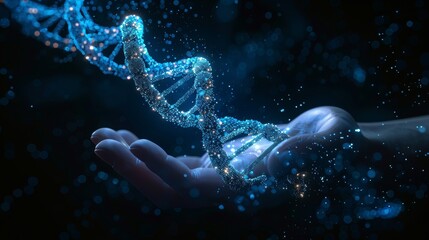 Poster - Blue giving hand with flying DNA molecule helix. Engineering concept. Low poly style. Graphic geometric. Wireframe light connection.  image.