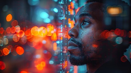 Aufkleber - A side view of a handsome serious African American businessman looking forward. In the foreground is a futuristic interface and a hud with an internet connection. Advertising, marketing concept with