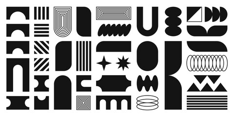 Poster - Abstract shapes, basic brutal forms and retro figures in Y2K aesthetics, vintage stickers, logos and labels. Decorative design element set, vector illustration.	
