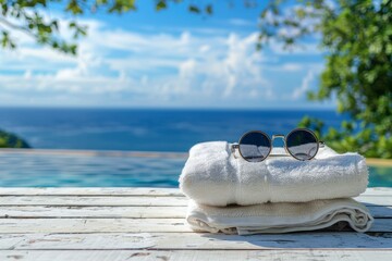 Poster - Beach towel with sunglasses sitting on white wooden table with free space for your decoration. Blurred landscape of the sea and green trees with blue skies.