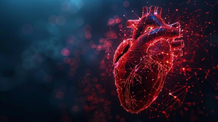 Poster - Medical concept. Abstract red human heart. Low poly geometric background. Wireframe structure for connected lights. Modern 3D graphic.  illustration.