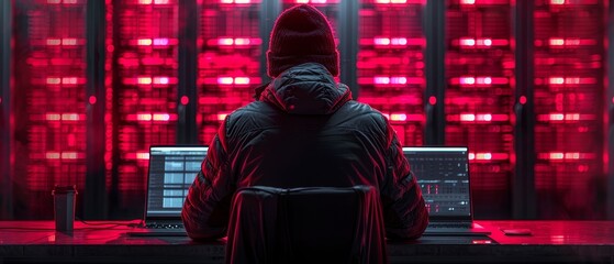 Poster - Hacker with laptop and server room behind it. Cyber crime, hacker activity, ddos attack, digital system security, fraud money, cyberattack threat, malware virus alert concept.