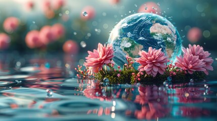 Aufkleber - Planet earth with flowers on the water. Spa concept. Low poly style design. Blue geometric background. Wireframe light connection structure. Modern 3D graphic. Isolated modern illustration.