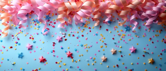 Aufkleber - Birthday surprise with 3D party confetti and serpentine ribbons. Isolated cartoon design icon isolated on white background. 3D rendering.