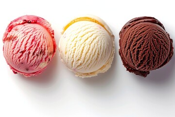 Poster - Various flavors of ice cream balls or scoops isolated on white background. Top view.