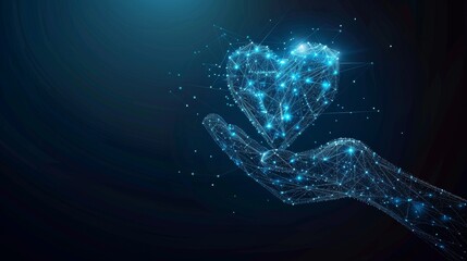 Poster - Wireframe banner template illustrating biomedical and volunteer service symbols. 3D heart in hand palms.