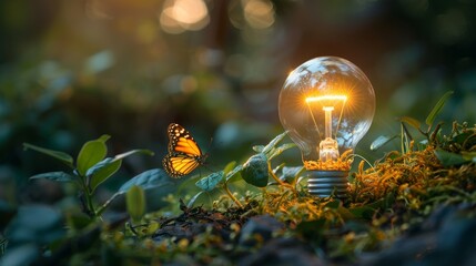 Aufkleber - A plant grows inside a light bulb on a green lawn with a butterfly. Concept of eco-technology.