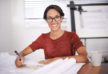 Sticker - Happy woman, portrait and architect with blueprint for construction, design and engineering at office. Architecture, contractor and sketch floor plan for renovation, infrastructure and creativity