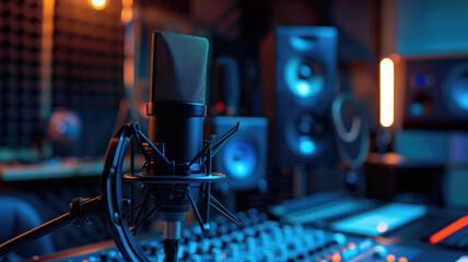 A professional microphone set up in a modern music studio, ready for recording