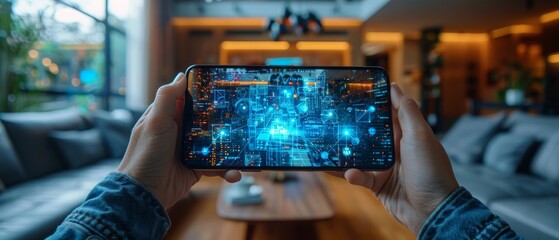 Poster - Smartphone app screen with augmented reality (AR) view of internet of things (IOT) connected objects in apartment interior, person holding device