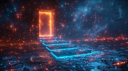 Aufkleber - An open door leads to a future filled with glowing tech in a futuristic polygonal style. Modern illustration.