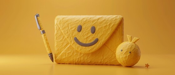 Poster - Confirmed document or email in an envelope with a check mark. Approved Paper. Cartoon element isolated on yellow background. 3D rendering.