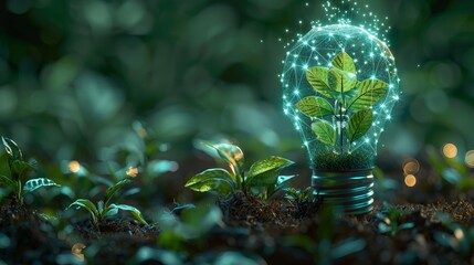 Aufkleber - Low poly blue glowing light bulb with green plant inside. Abstract geometric background. Wireframe light connection structure. Modern 3D graphic concept. Modern illustration.