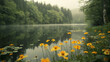 lake landscape with flowers and forest