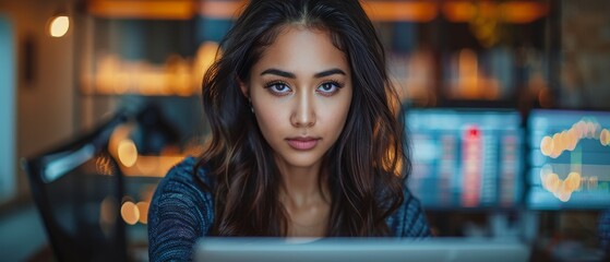 Aufkleber - Photograph depicting a young Indian businesswoman in a Fintech startup working on a laptop. Financial analyst conducting research in emerging South Asian stock markets.